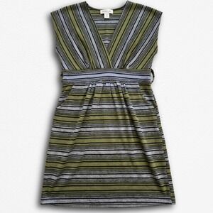 Y2K Womens Green Striped Surplice V-Neck Empire Waist Pocket Dress 1XL
